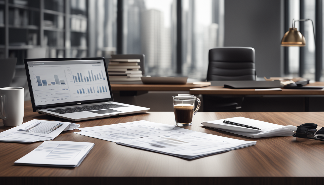 Imagem de um escritório austero com documentos financeiros, laptop exibindo um gráfico de barras, calculadora sofisticada e copo de café na mesa para simbolizar a Controladoria Financeira na gestão em