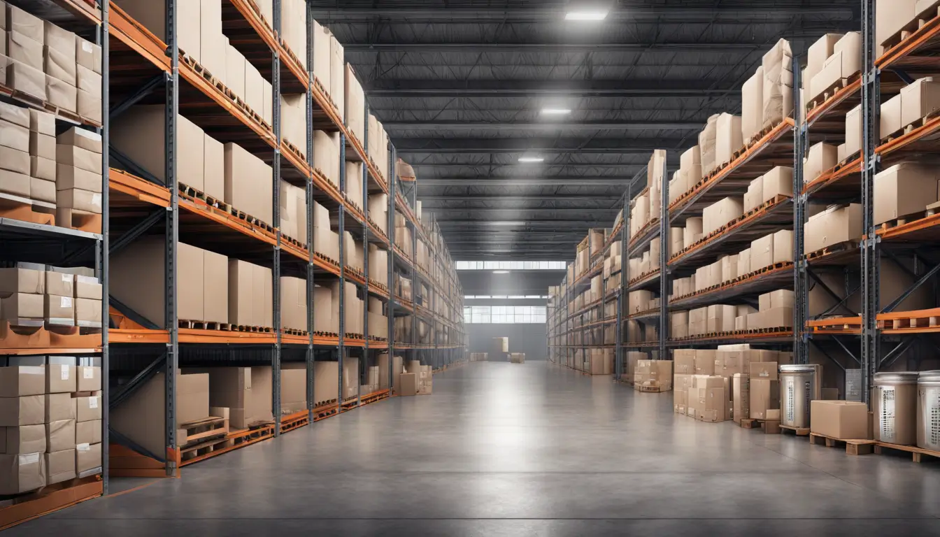 photo of a tall storage warehouse with shelves full of some product