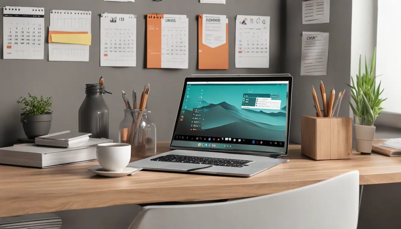 Imagem de uma mesa de escritório com laptop, gráficos, documentos e calendário, representando estratégias eficazes para a gestão de processos empresariais.