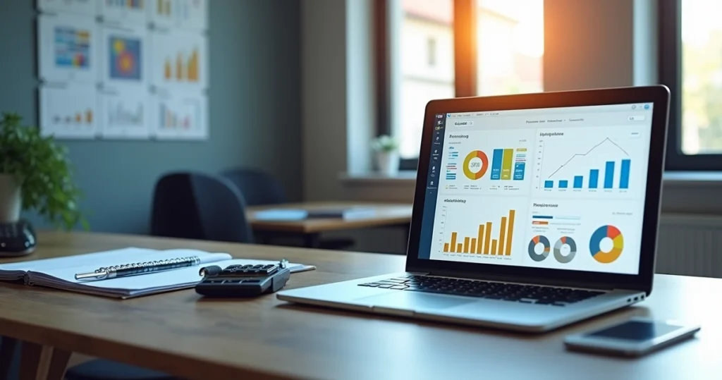 Mesa de escritório com laptop exibindo gráficos financeiros, calculadora e pasta de documentos organizados para controle financeiro empresarial