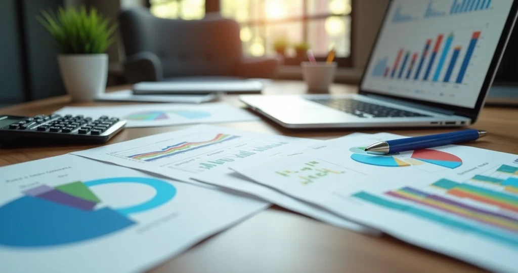 Mesa de escritório com planilhas financeiras, calculadora, gráfico de endividamento e laptop aberto exibindo dados financeiros