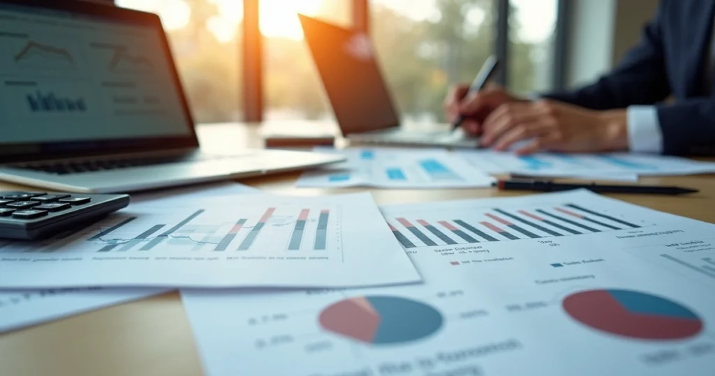 Mesa de escritório com documentos financeiros, calculadora e gráficos de desempenho financeiro sobre controle de alavancagem financeira