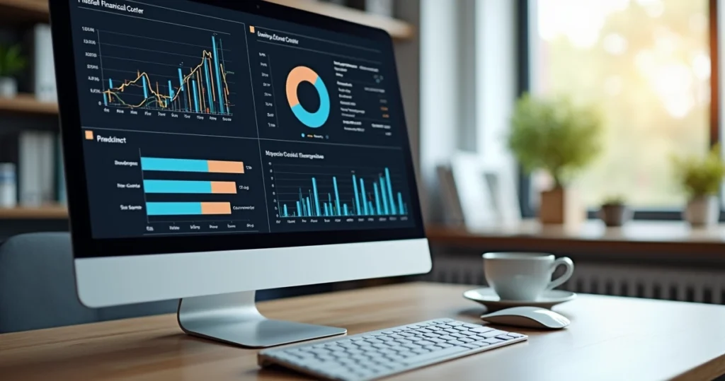 Tela de computador exibindo gráficos de fluxo de caixa e planilhas financeiras detalhadas