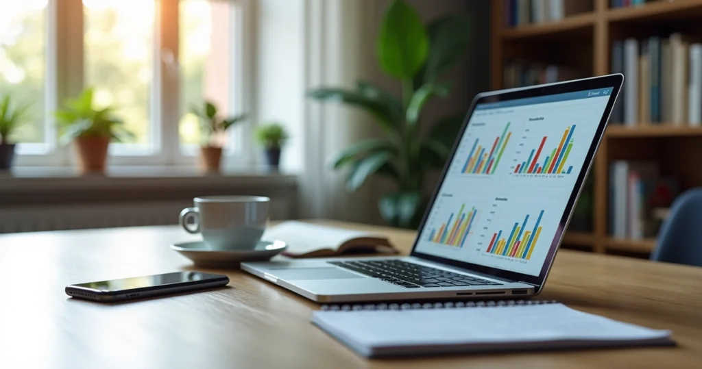 Mesa com laptop mostrando gráficos financeiros e smartphone com aplicativos de gestão financeira abertos