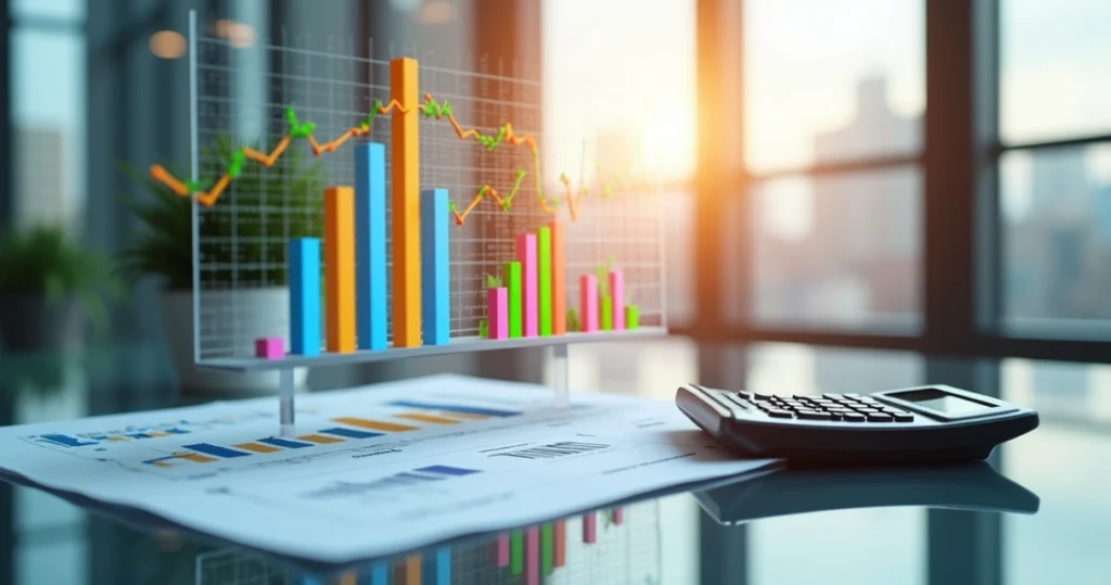 Gráfico financeiro com barras e linhas mostrando balanço entre capital próprio e de terceiros em fundo corporativo moderno