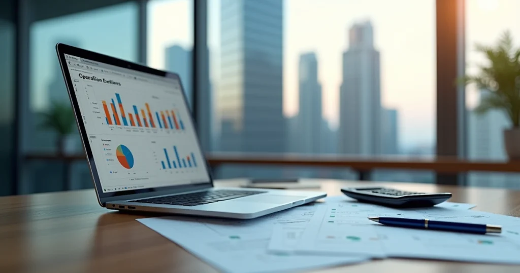 Mesa com gráficos financeiros, planilhas e laptop mostrando análise do ciclo operacional empresarial