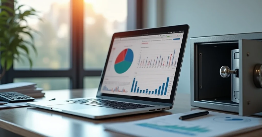 Mesa de escritório com laptop mostrando gráficos financeiros e um cofre, simbolizando gestão de riscos financeiros