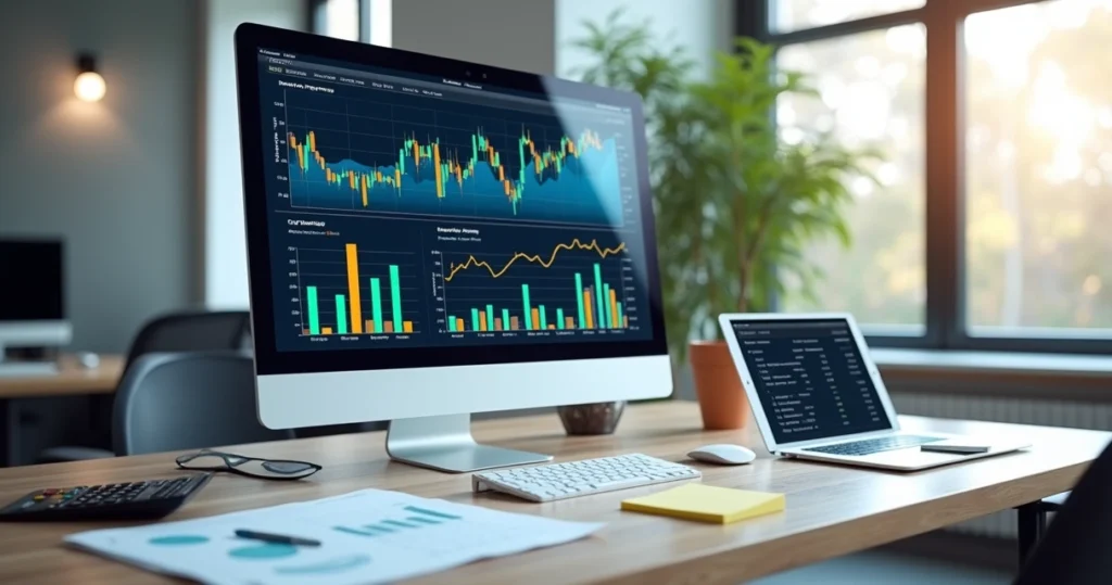 Mesa de escritório com computador exibindo gráficos financeiros, calculadora, documentos e notas ao redor, ambiente moderno e iluminado