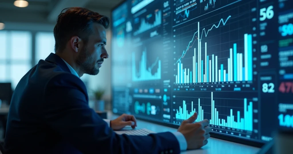 Gestor financeiro analisando gráficos de barras e linhas em tela digital