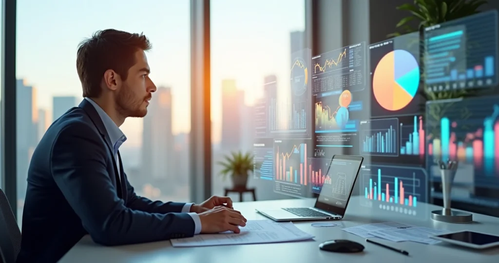 Profissional analisando gráficos financeiros e planejando orçamento empresarial em sala moderna