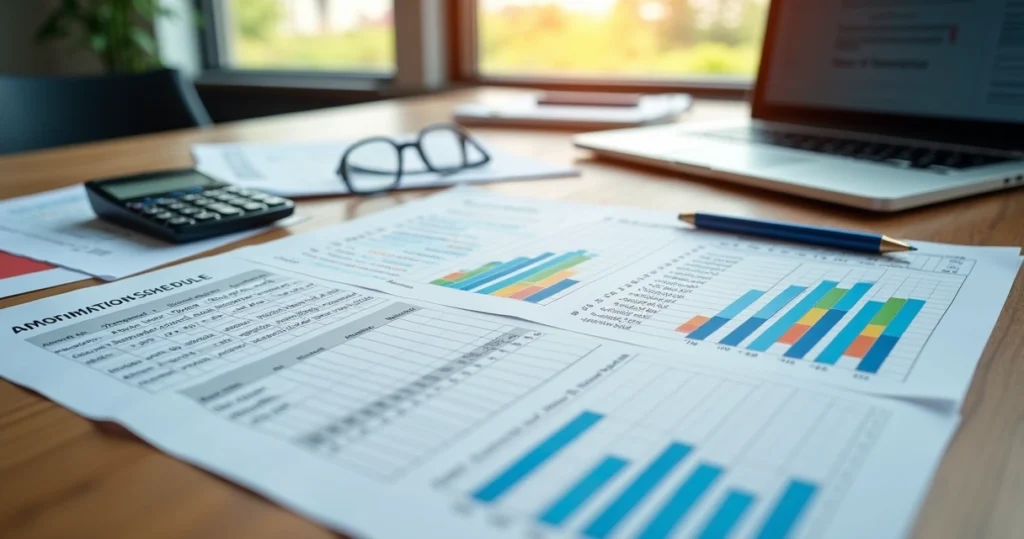 Planilhas financeiras e cálculos de amortização com gráficos e números detalhados