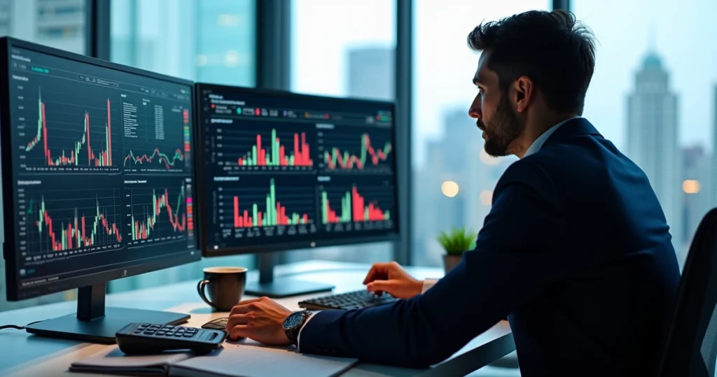 Analista financeiro analisando gráficos e relatórios em múltiplas telas de computador com dados e previsões