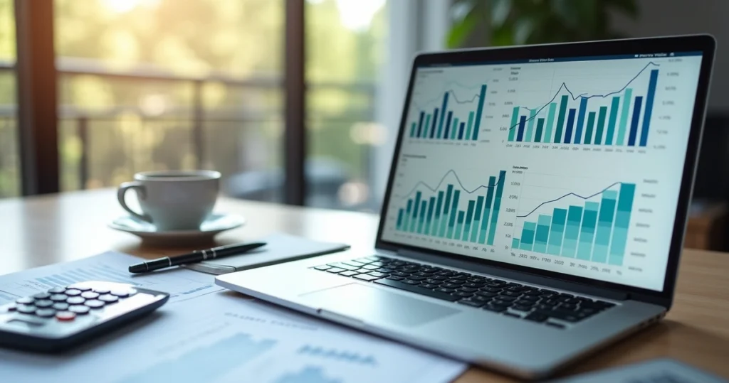 Mesa de escritório com calculadora, gráficos financeiros e laptop mostrando análise de valuation empresarial
