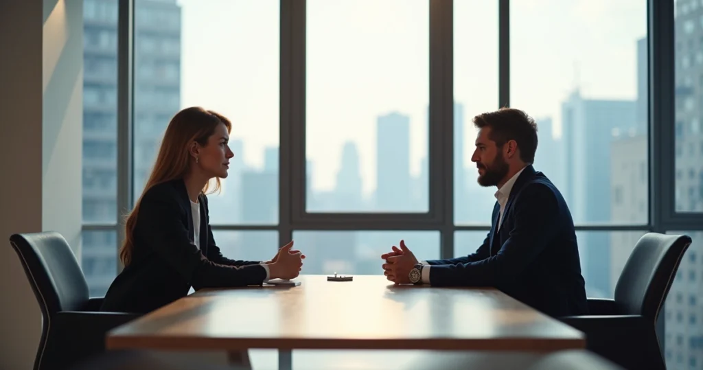 Pessoa facilitando reunião de conciliação com duas partes sentadas à mesa em ambiente corporativo elegante