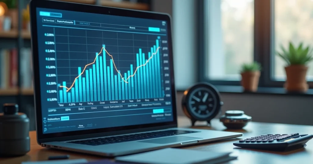 Gráfico financeiro digital em tela transparente com ícones de máquinas industriais e calculadora sobre mesa de escritório