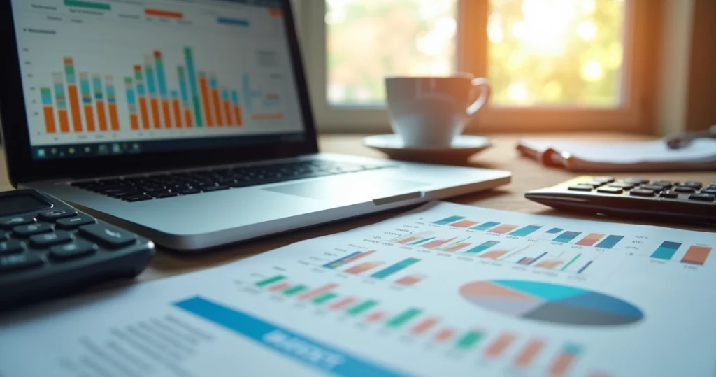 Mesa de escritório com laptop aberto exibindo gráficos financeiros, calculadora e anotações de planejamento financeiro ao lado