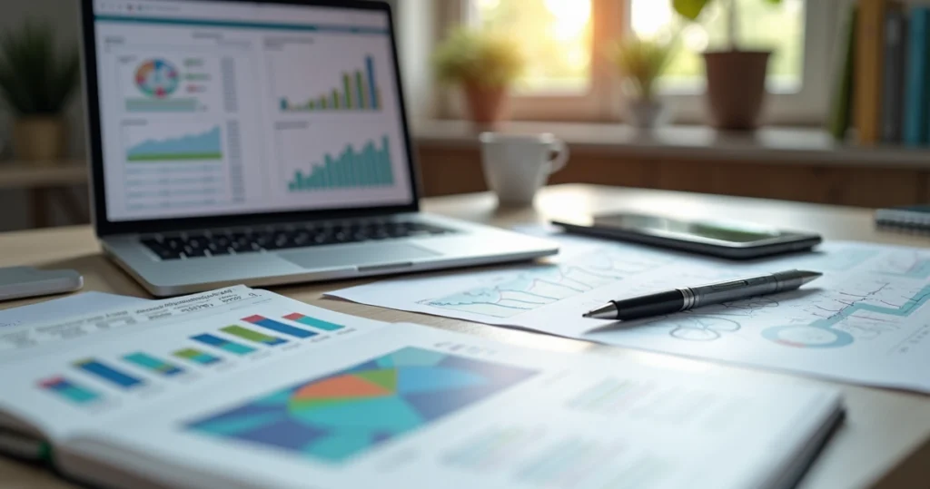 Mesa com laptop, caderno aberto e planilhas de orçamento empresarial, gráficos coloridos ao redor