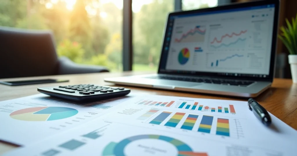 Mesa com documentos financeiros, gráficos e calculadora usados para análise e planejamento financeiro empresarial