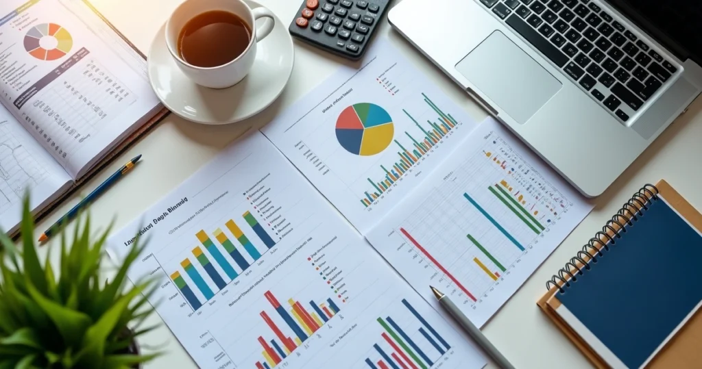 Mesa com gráficos financeiros, planilhas, calculadora e laptop usados para controle e planejamento orçamentário empresarial