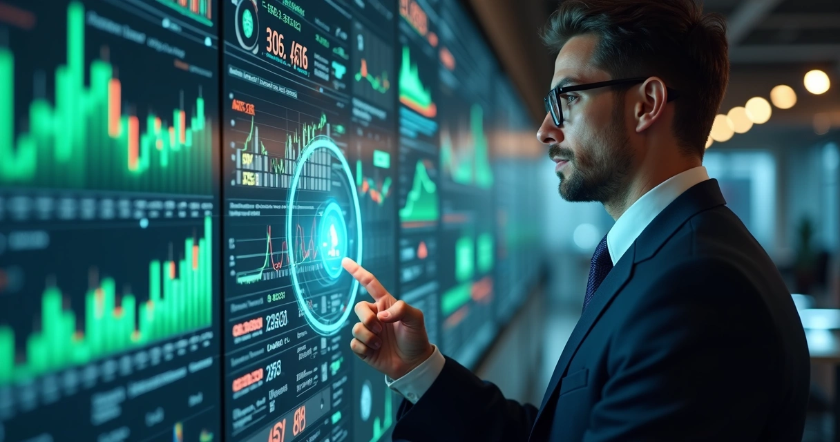 Empresário analisando gráficos financeiros detalhados em tela digital com dados financeiros e indicadores de desempenho ao redor