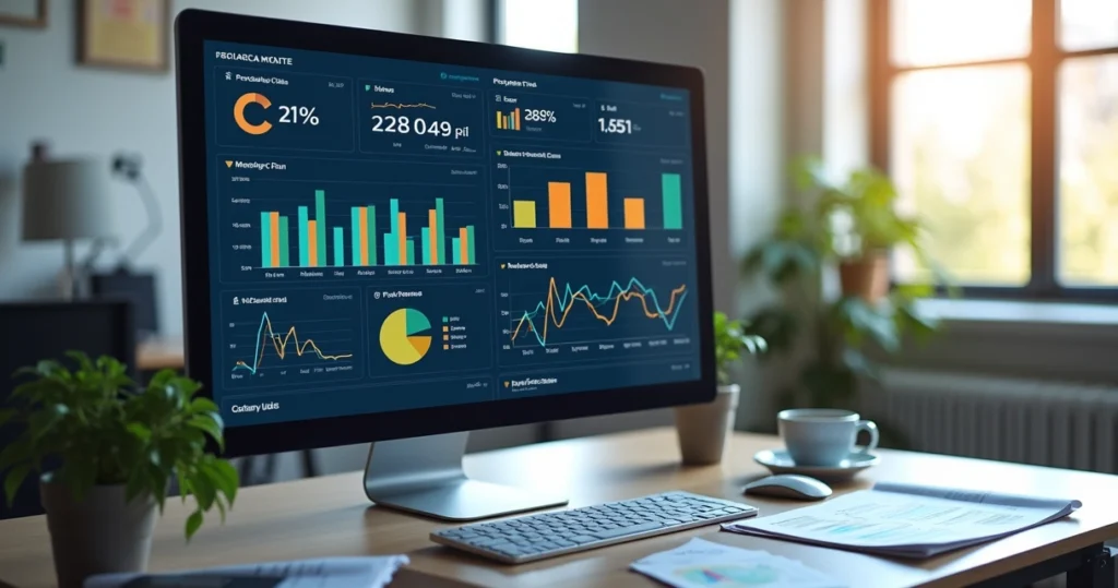 Dashboard moderno exibindo gráficos financeiros e indicadores de desempenho em tela de computador