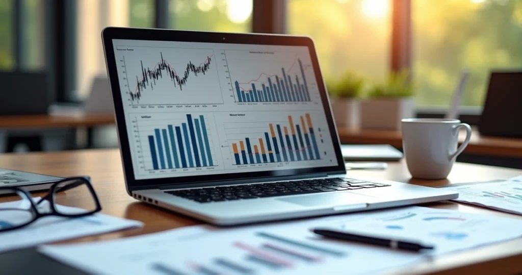 Mesa de trabalho com laptop exibindo gráficos financeiros de rentabilidade e documentos com cálculos de investimentos ao lado de uma caneca
