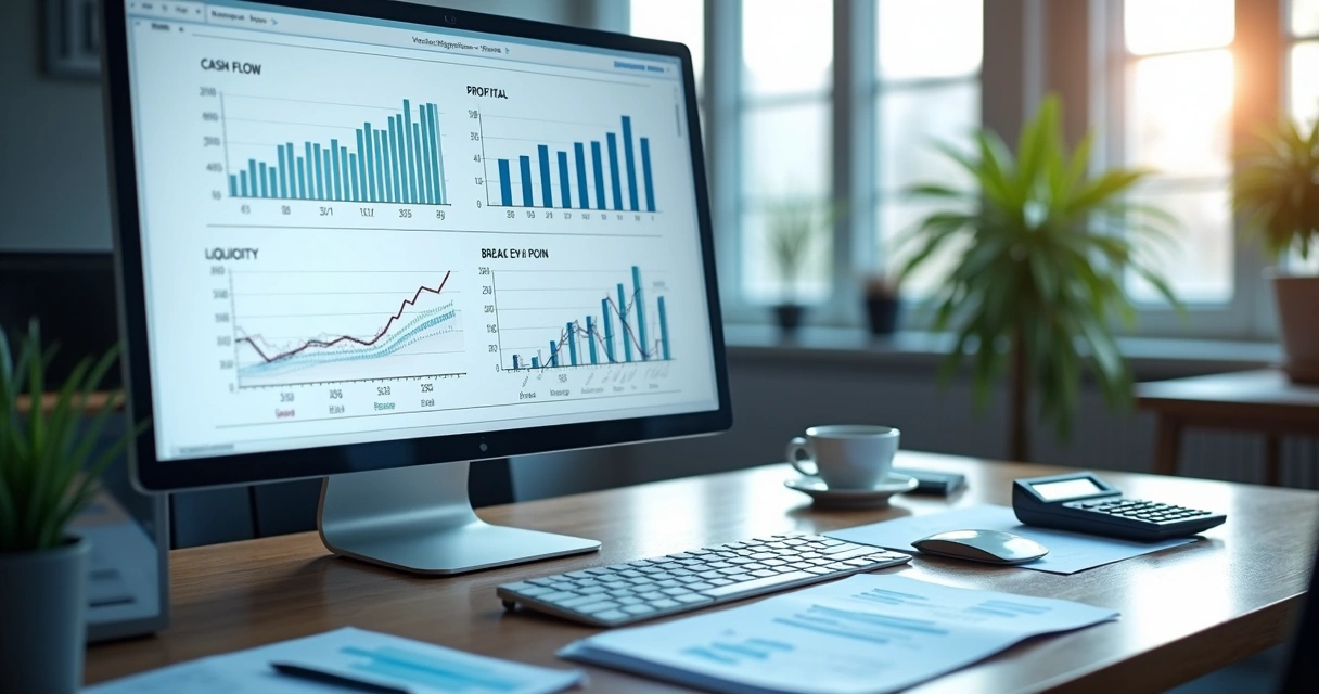 Tela de computador exibindo gráficos financeiros detalhados com indicadores de fluxo de caixa e rentabilidade