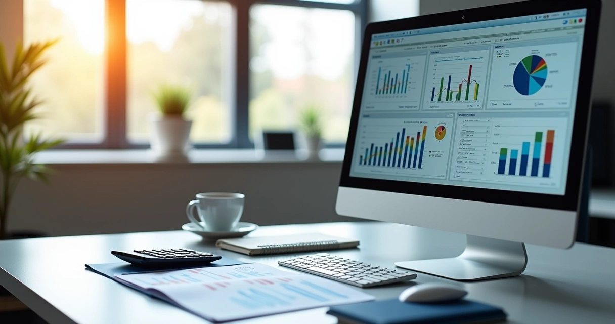 Mesa de escritório com computador mostrando gráficos financeiros, planilhas e cálculos de viabilidade econômica detalhados