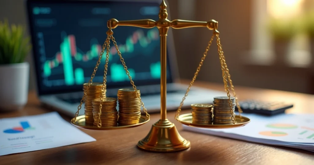 Balança de decisões financeiras equilibrando moedas de um lado e gráficos de investimentos do outro