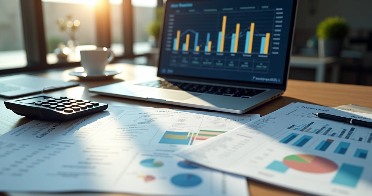 Mesa de escritório com laptop mostrando gráficos financeiros, calculadora, planilhas e notas de despesas organizadas para controle de custos empresariais
