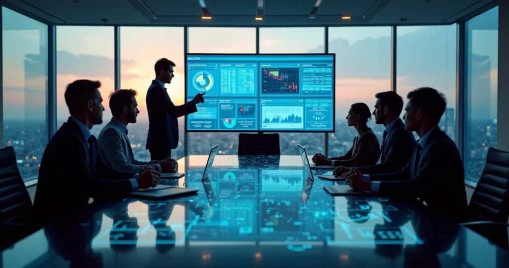 Executivos analisando indicadores de riscos em telas digitais durante reunião de planejamento estratégico