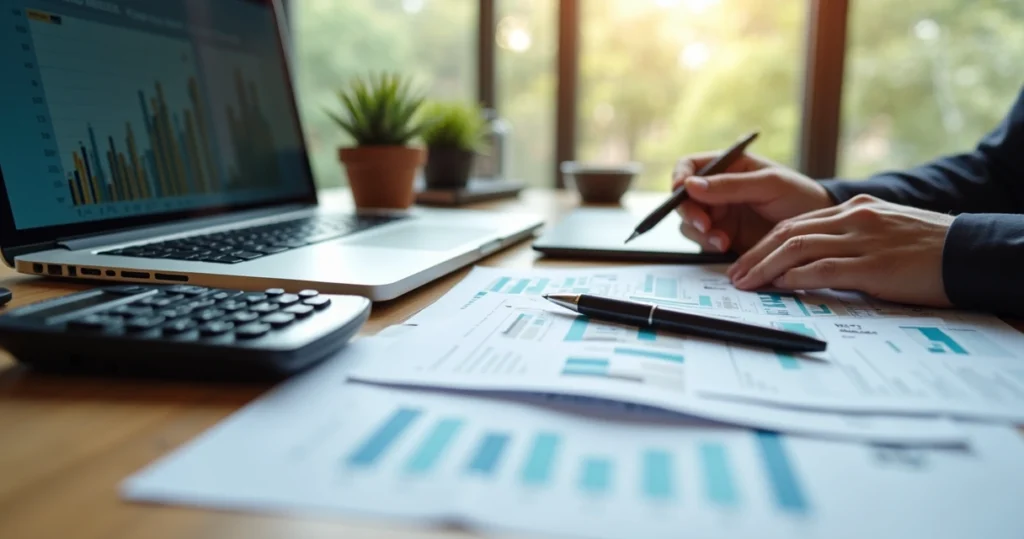 Mesa com calculadora, laptop mostrando gráficos financeiros e documentos de controle de depreciação de ativos