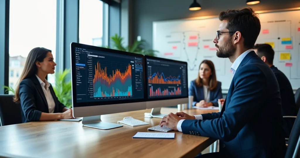 Mesa de escritório com tela de computador mostrando gráficos financeiros dinâmicos e equipe em reunião de planejamento