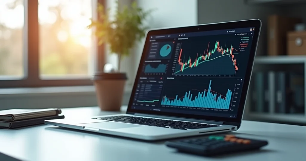 Mesa de escritório com laptop exibindo gráficos financeiros, cadernos e calculadora ao lado, luz natural entrando pela janela