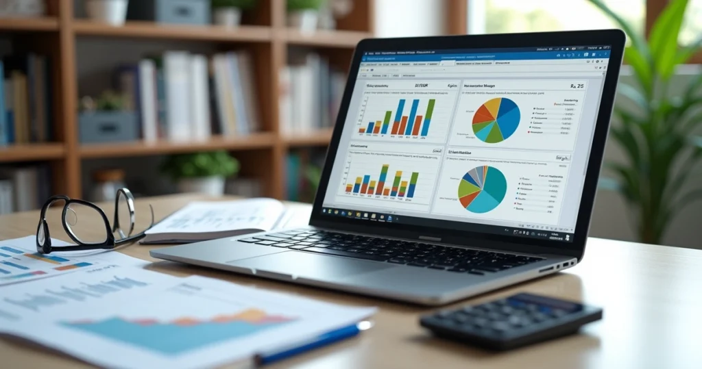 Planilha financeira com gráficos e cálculos de margem de contribuição em computador