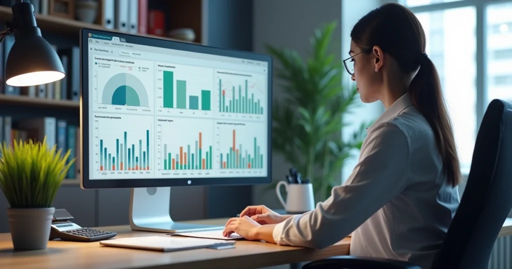 Gestor de tesouraria analisando relatórios financeiros em computador com gráficos e planilhas na tela