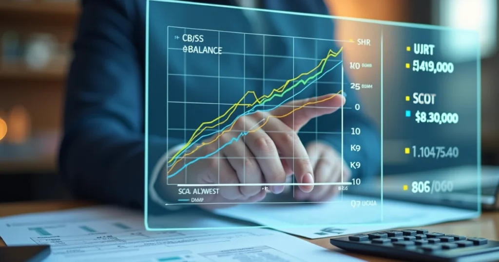 Gráfico com curvas de amortização, linhas mostrando saldo devedor e parcelas em diferentes sistemas financeiros