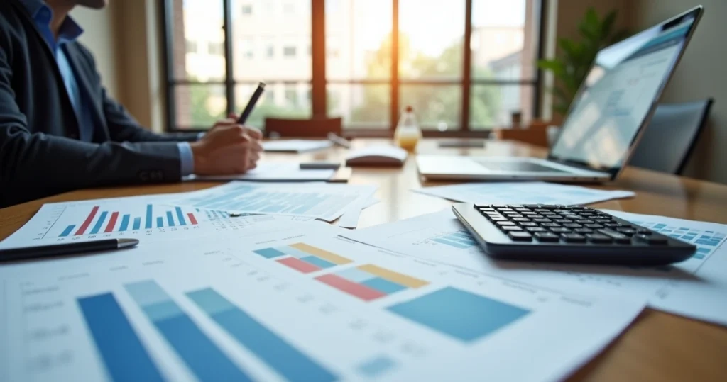 Mesa de reunião com documentos de planejamento financeiro, gráficos, calculadora e laptop aberto mostrando planilhas de orçamento