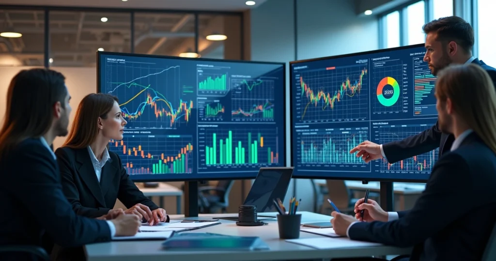 Análise detalhada de gráficos financeiros em telas digitais com pessoas discutindo cenários de forecasting