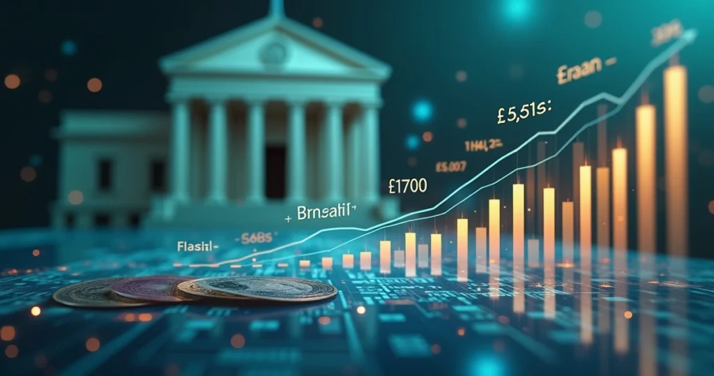 Gráfico financeiro com cálculo de taxa de juros, símbolos de moeda e elementos econômicos brasileiros