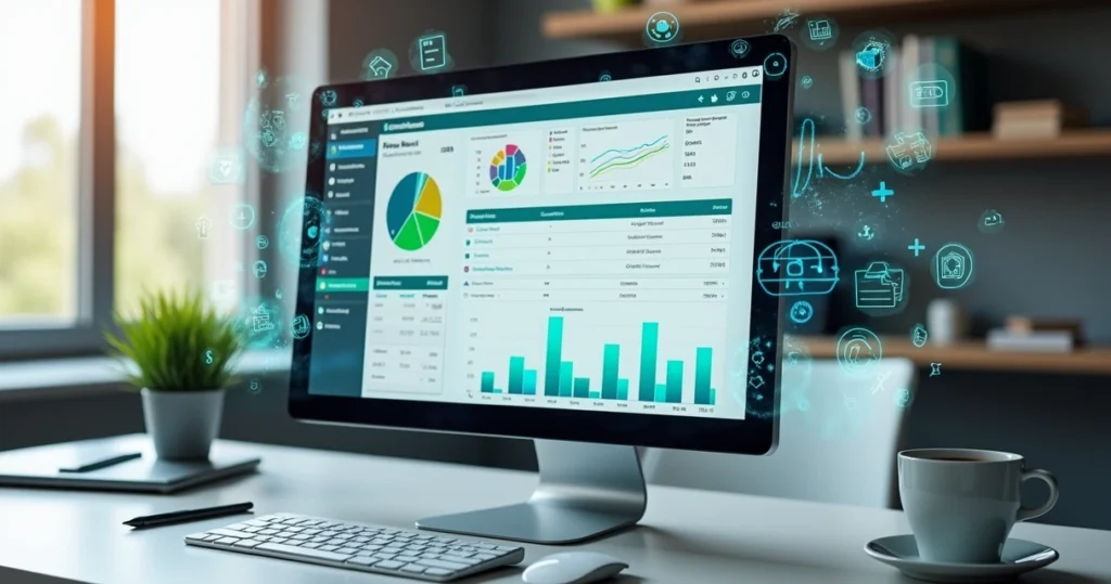 Tela de computador com interface de software financeiro mostrando gráficos, tabelas e opções de integração bancária em ambiente de escritório moderno