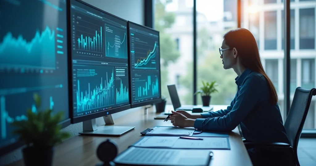 Profissional de finanças analisando gráficos e documentos em escritório moderno, com tela dividida mostrando comparação entre assessoria financeira contínua e pontual