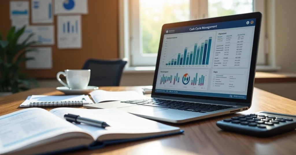 Mesa de escritório com gráfico financeiro, calculadora, caderno e laptop mostrando análise de ciclo de caixa