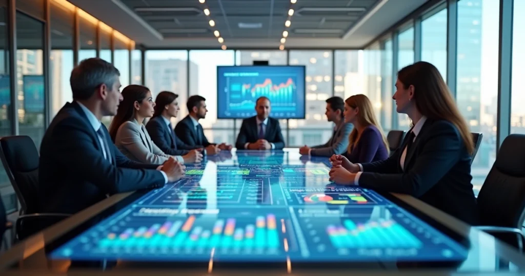 Sala moderna com gestores analisando gráficos financeiros em tela digital interativa