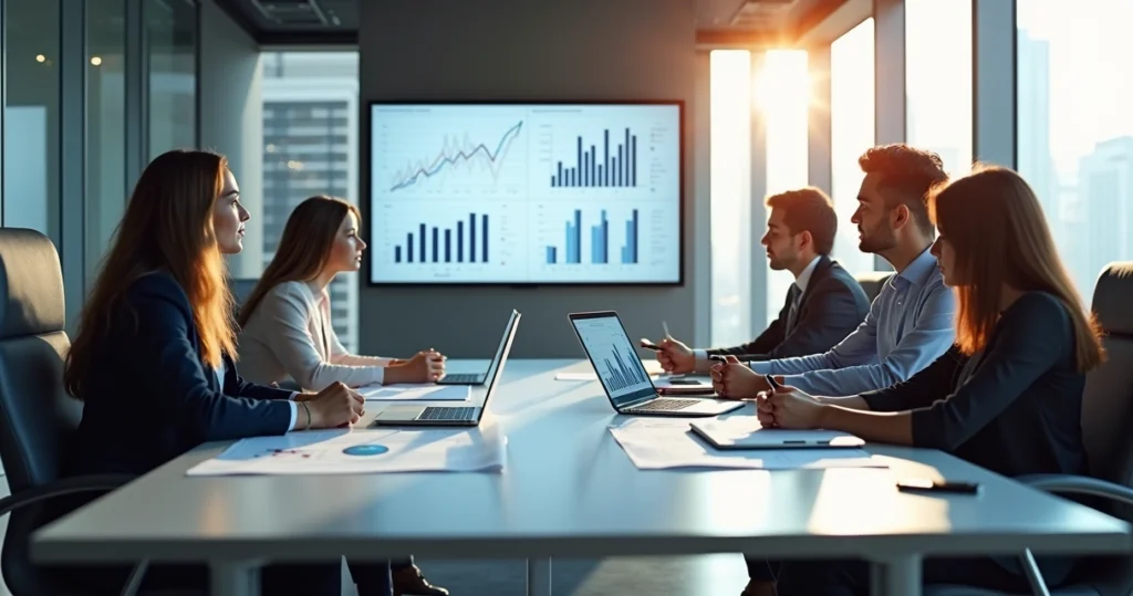 Reunião de negócios em sala moderna com gráficos financeiros e equipe analisando dados