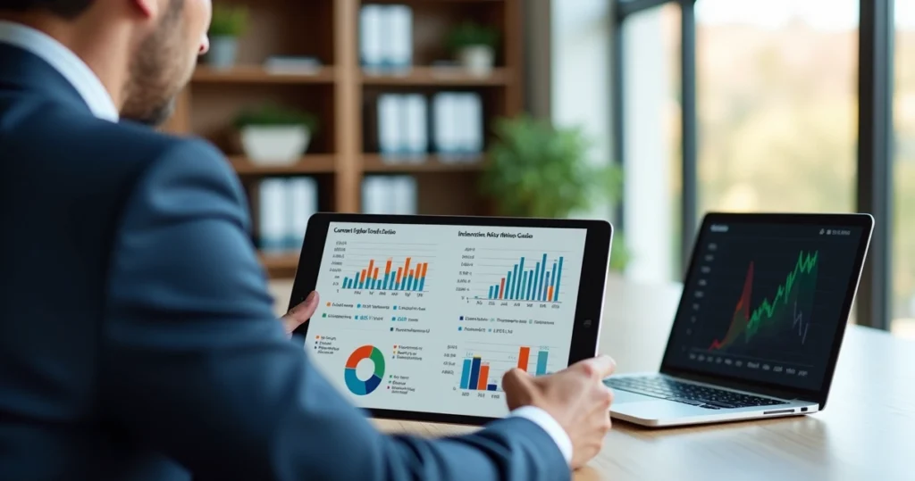 Executivo analisando gráficos financeiros em tablet com telas de indicadores de liquidez em escritório moderno