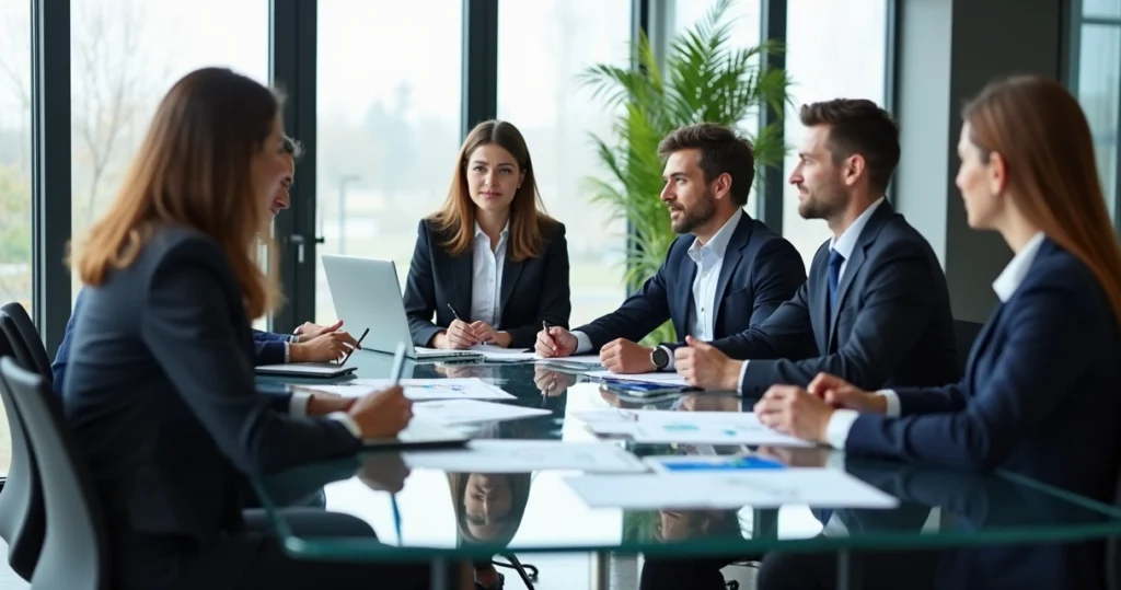 Equipe em reunião empresarial discutindo consultoria financeira com expressões de atenção e diálogo