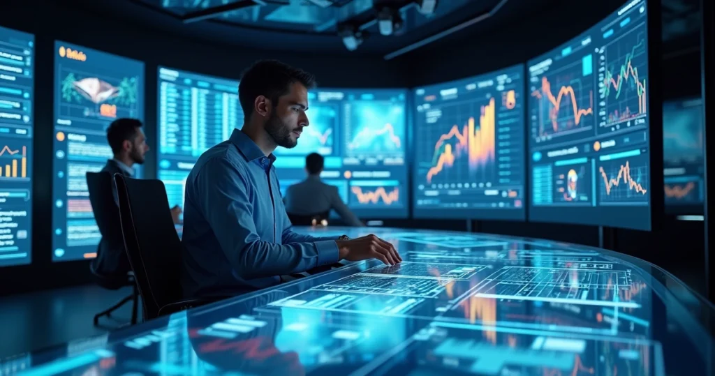 Sala de controle financeiro moderna com telas exibindo gráficos e sistemas de segurança de dados
