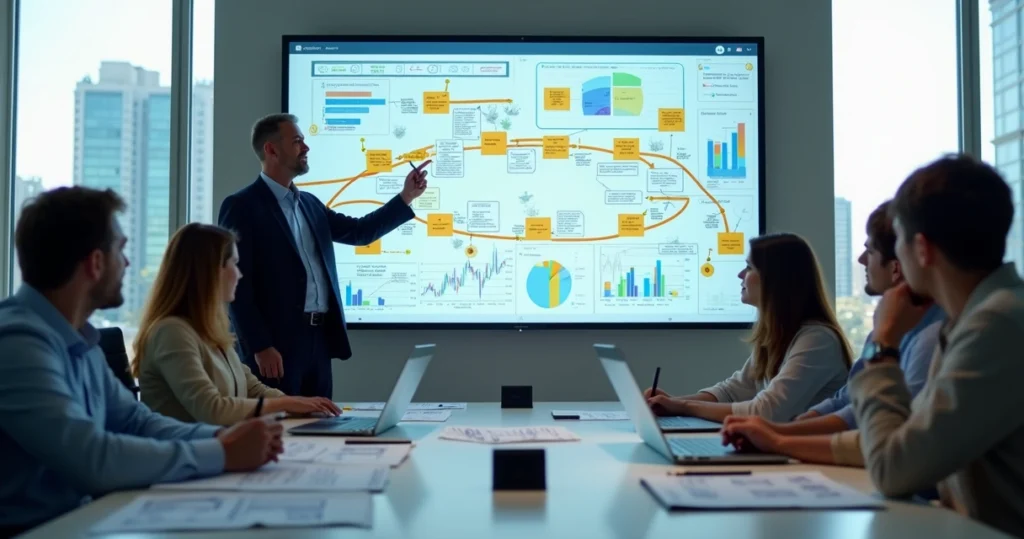 Gestor analisando mapa de processos em painel com indicadores de produtividade