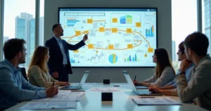 Gestor analisando mapa de processos em painel com indicadores de produtividade